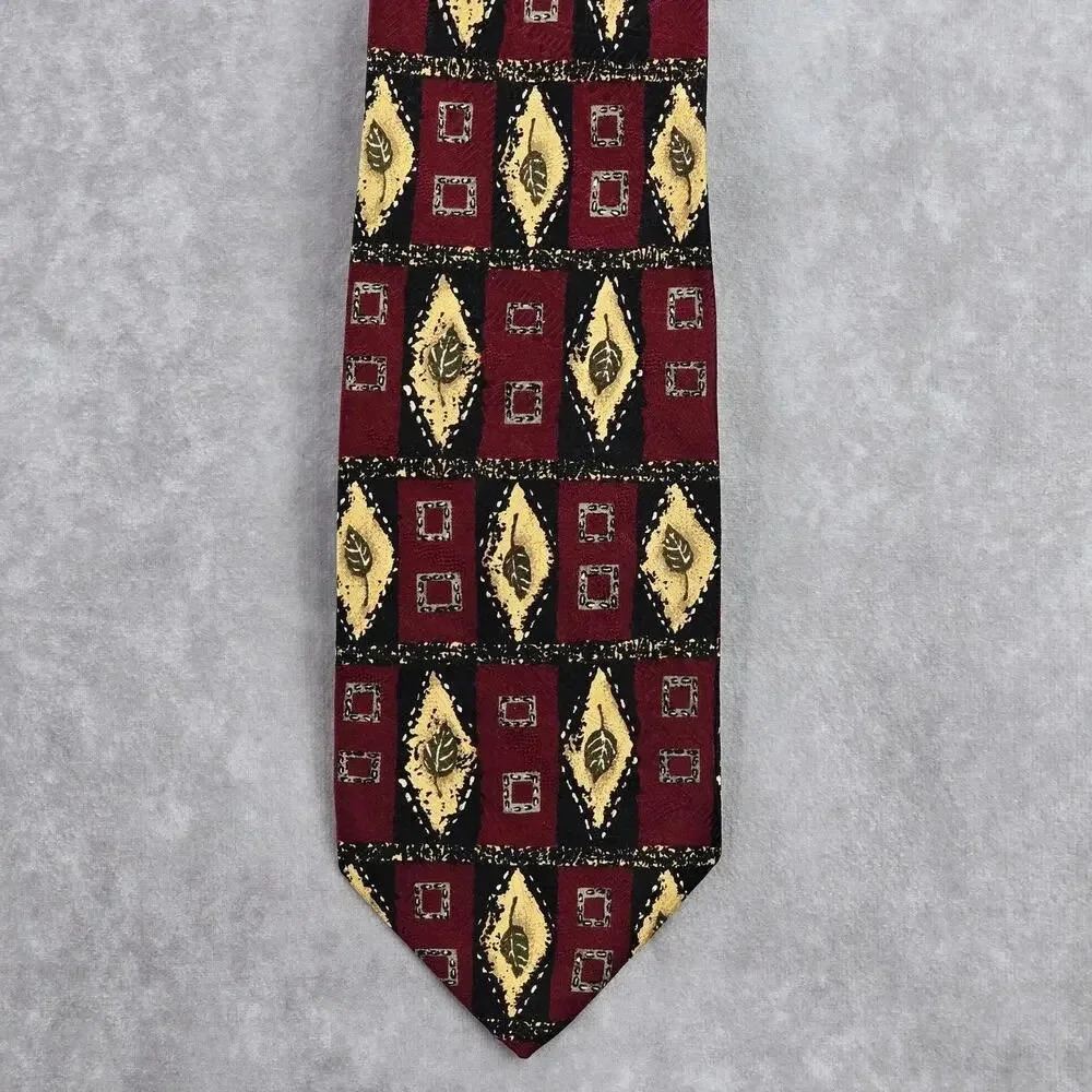 Robert Talbott Nordstrom Geometric Leaf Red Gold Silk Italy Men's Neck Tie NWOT‎